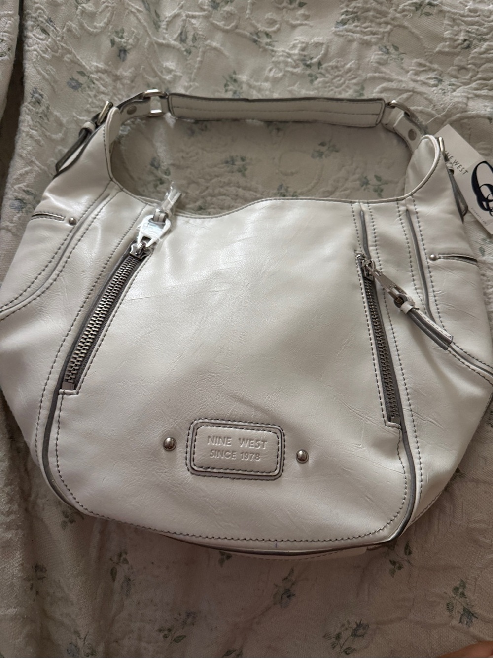 Nine West Off-White Leatherette Shoulder Hobo Bag